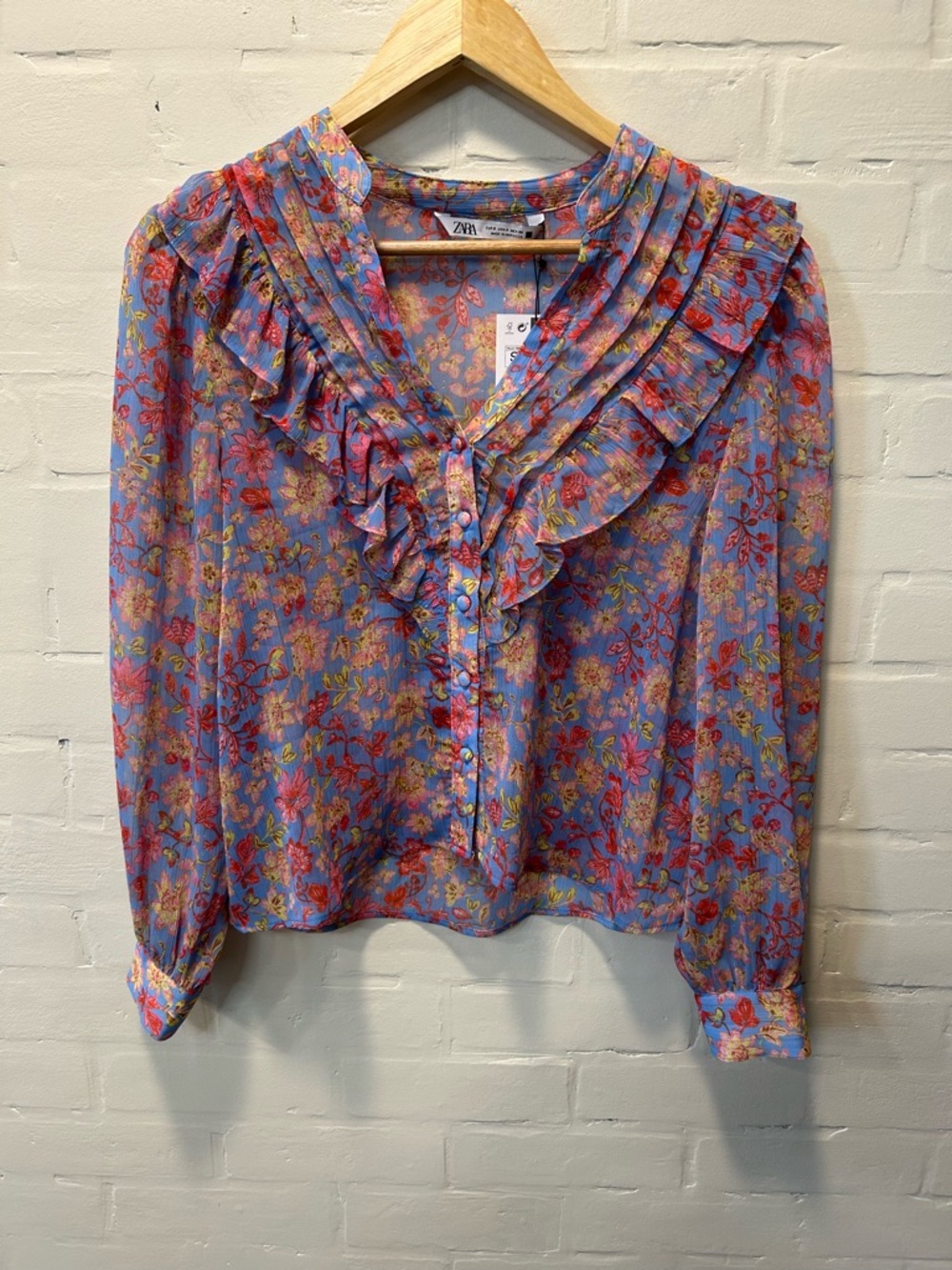 ZARA Floral Boho Ruffle Neck Sheet Blouse Size S